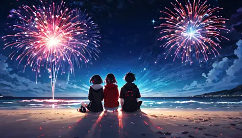 Sit down and light small hand-held fireworks２people、Boys and Girls、teenager、cyber punk、Red eyes、Glowing Eyes、Beach、Starry Sky