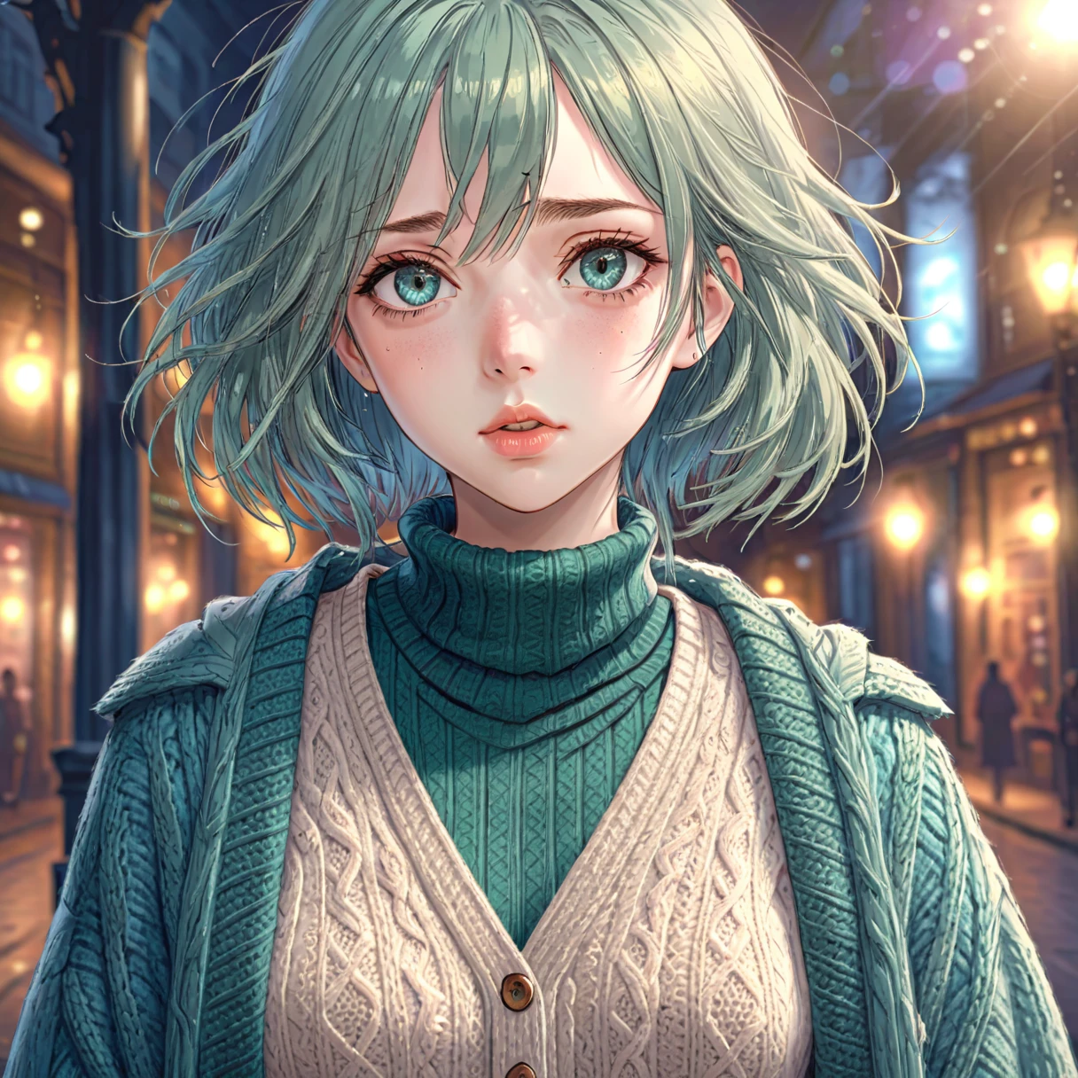 a highly detailed and realistic portrait of a young woman, beautiful detailed eyes, beautiful detailed lips, extremely detailed eyes and face, longeyelashes, cyan cardigan, sweater, dark green shirt, miniskirt, standing, open clothing, alone, (best quality,4k,8k,highres,masterpiece:1.2),ultra-detailed,(realistic,photorealistic,photo-realistic:1.37),hyperrealistic, cinematic lighting, dramatic lighting, vibrant colors, moody atmosphere, elegant, intricate details, fashion illustration, high fashion