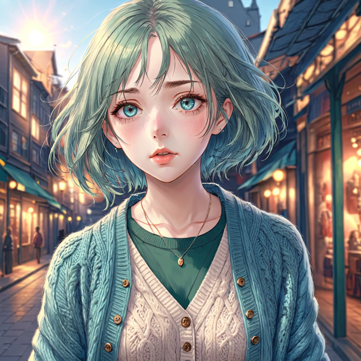 a highly detailed and realistic portrait of a young woman, beautiful detailed eyes, beautiful detailed lips, extremely detailed eyes and face, longeyelashes, cyan cardigan, sweater, dark green shirt, miniskirt, standing, open clothing, alone, (best quality,4k,8k,highres,masterpiece:1.2),ultra-detailed,(realistic,photorealistic,photo-realistic:1.37),hyperrealistic, cinematic lighting, dramatic lighting, vibrant colors, moody atmosphere, elegant, intricate details, fashion illustration, high fashion