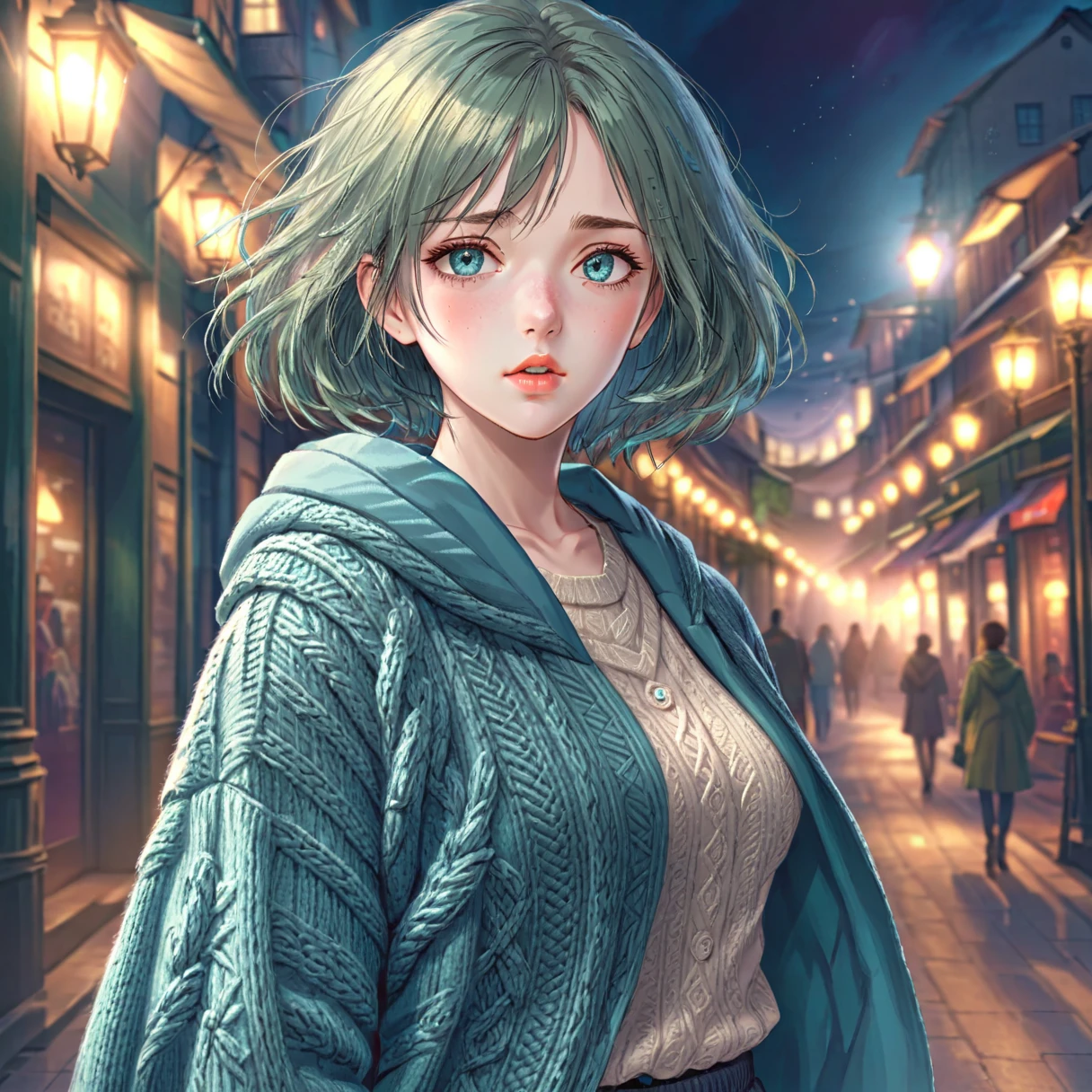 a highly detailed and realistic portrait of a young woman, beautiful detailed eyes, beautiful detailed lips, extremely detailed eyes and face, longeyelashes, cyan cardigan, sweater, dark green shirt, miniskirt, standing, open clothing, alone, (best quality,4k,8k,highres,masterpiece:1.2),ultra-detailed,(realistic,photorealistic,photo-realistic:1.37),hyperrealistic, cinematic lighting, dramatic lighting, vibrant colors, moody atmosphere, elegant, intricate details, fashion illustration, high fashion