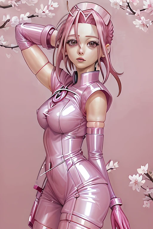 ((Sakura Haruno)), ((Uniforme d'infirmière en latex rose)), ((Gants en latex roses pour le coude))