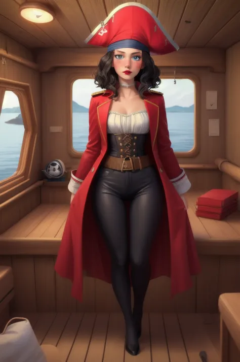(masterpiece:1.5), beautiful girl, 1girl, pirate captain, inside boat cabin, wooden boat, skin tight, black and red coat, pirate...