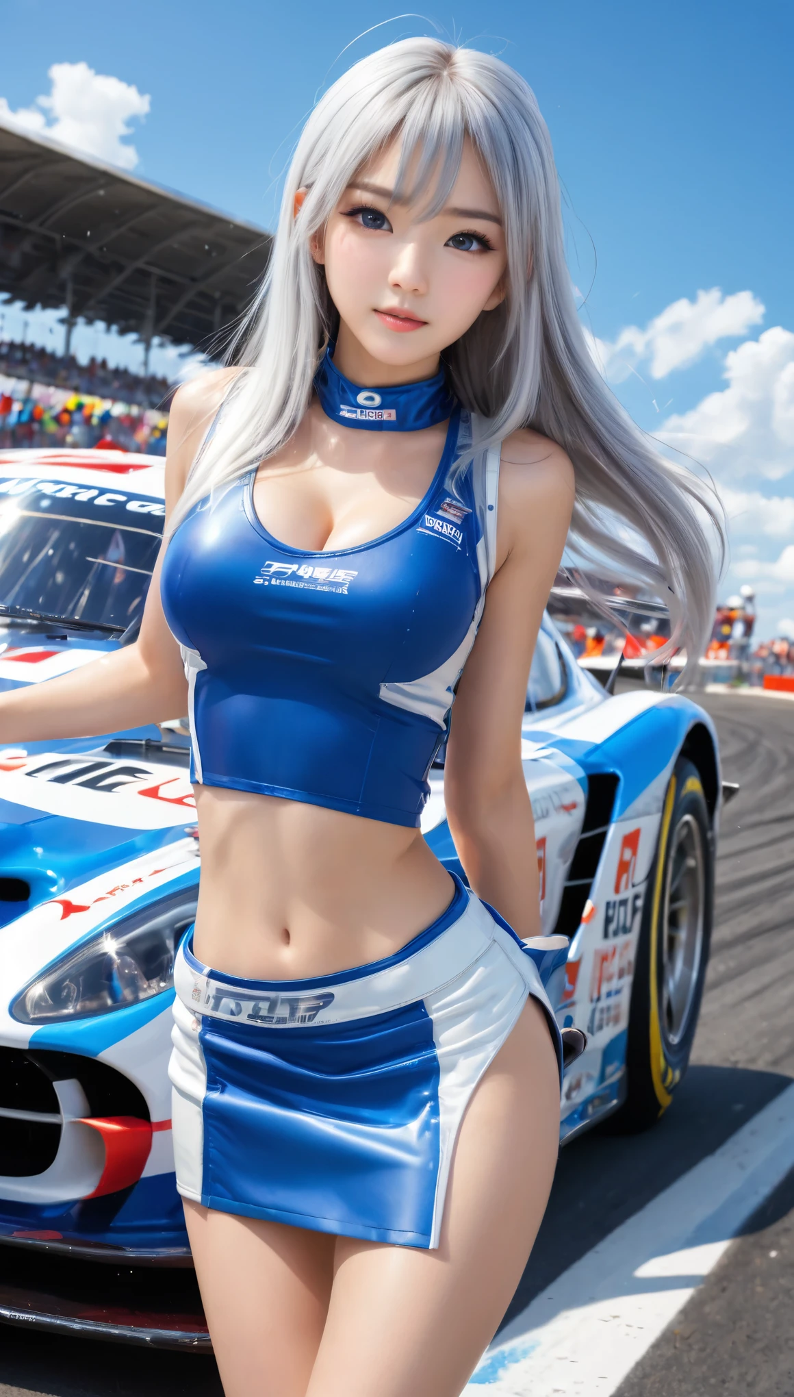 Highest quality, Super quality, 16K, Incredibly absurd, Very detailed, 2.5D, delicate and dynamic, blue sky, Confetti, Racing Car, flag, Small face, Extremely delicate facial expression, Delicate eye depiction, Extremely detailed hair, Upper body close-up, erotic, sole sexy Japanese lady, healthy shaped body, 22 years old lady, Race Queen,  huge firm bouncing busts, white silver long hair, sexy long legs, Glowing Skin, , Flashy Race Queen costume, blue tight skirt, white leather long boots, Formula 1, Auto Racing Track