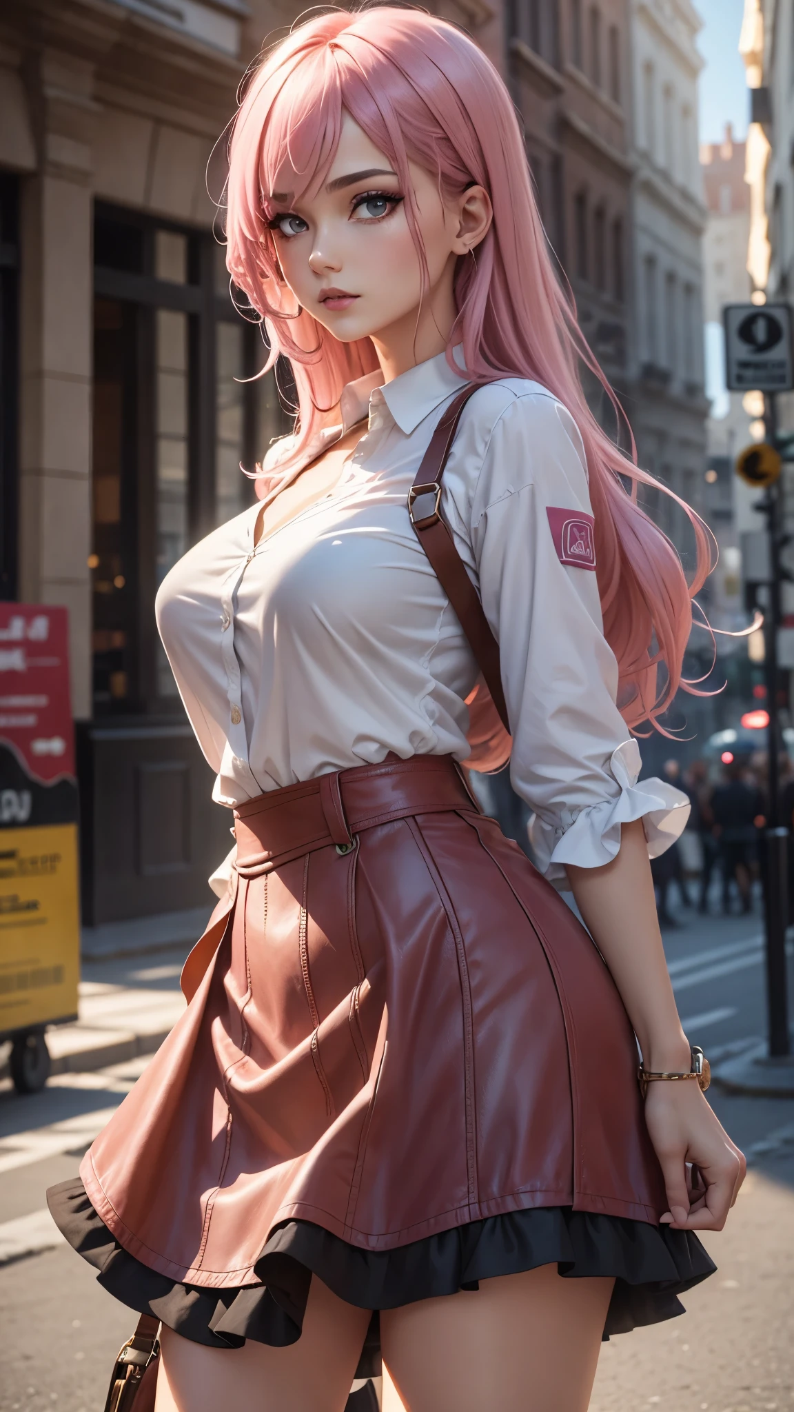 a masterpiece, best quality, highres, absurdres, 1girl, crowd, skirt, pink hair, gasai yuno, from below, revealing clothes, skindentation, outdoors, sunlight, street, looking at viewer, blush, detailed face, beautiful detailed eyes, beautiful detailed lips, extremely detailed face, long eyelashes, cinematic lighting, depth of field, volumetric lighting, photorealistic, digital painting, concept art, vibrant colors, dynamic pose