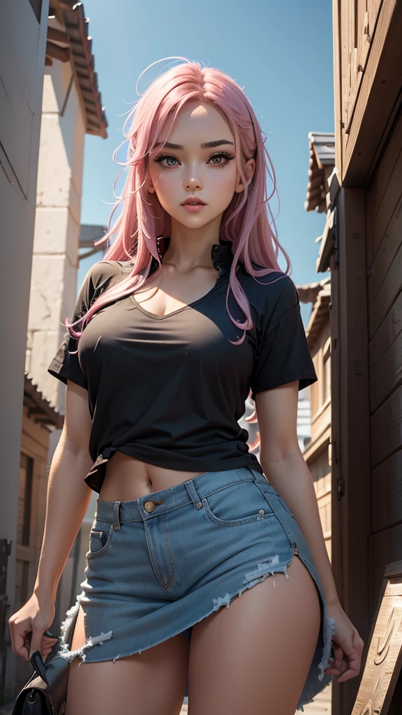 a masterpiece, best quality, highres, absurdres, 1girl, crowd, skirt, pink hair, gasai yuno, from below, revealing clothes, skindentation, outdoors, sunlight, street, looking at viewer, blush, detailed face, beautiful detailed eyes, beautiful detailed lips, extremely detailed face, long eyelashes, cinematic lighting, depth of field, volumetric lighting, photorealistic, digital painting, concept art, vibrant colors, dynamic pose