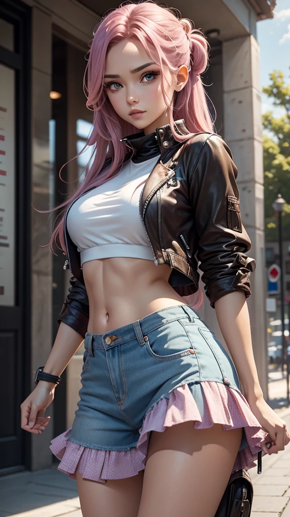 a masterpiece, best quality, highres, absurdres, 1girl, crowd, skirt, pink hair, gasai yuno, from below, revealing clothes, skindentation, outdoors, sunlight, street, looking at viewer, blush, detailed face, beautiful detailed eyes, beautiful detailed lips, extremely detailed face, long eyelashes, cinematic lighting, depth of field, volumetric lighting, photorealistic, digital painting, concept art, vibrant colors, dynamic pose