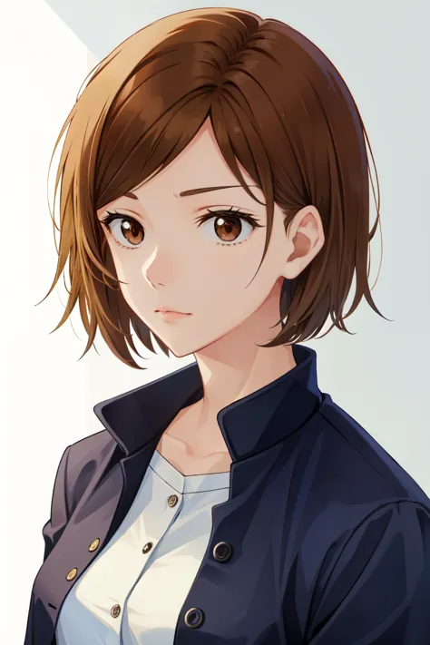 Kugisaki Nobara, closed mouth, Brown eyes, , short hair, jacket, upper body, 1 girl, lips, Brown hair, One