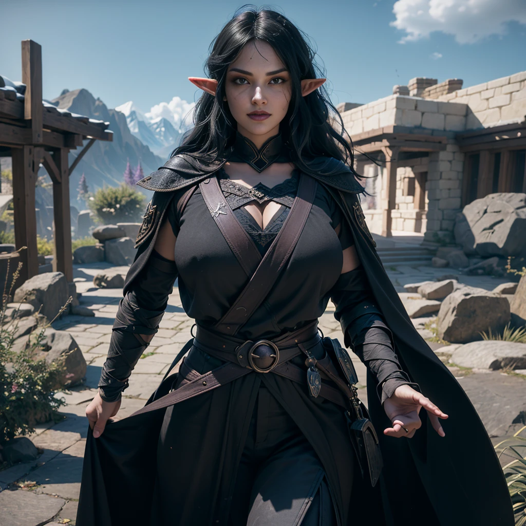 ((Best quality)), ((masterpiece)), (detailed: 1.4), 3D, (half-elf sorceress), (black hair, purple eyes:1.5, pale brown skin), (black robe, purple sleeves, grey pants, black boots and black armbands), (huge , big booty, short, curvy), (heavy gothic makeup), HDR (High Dynamic Range),Ray Tracing,NVIDIA RTX,Super-Resolution,Unreal 5,Subsurface dispersion, PBR texture, Post-processing, Anisotropic filtering, Depth of field, Maximum clarity and sharpness, Multilayer textures, Albedo and specular maps, Surface shading, Accurate simulation of light-material interaction, Perfect proportions, Octane Render, Two-tone lighting,Wide aperture,Low ISO,White balance,Rule of thirds,8K RAW,