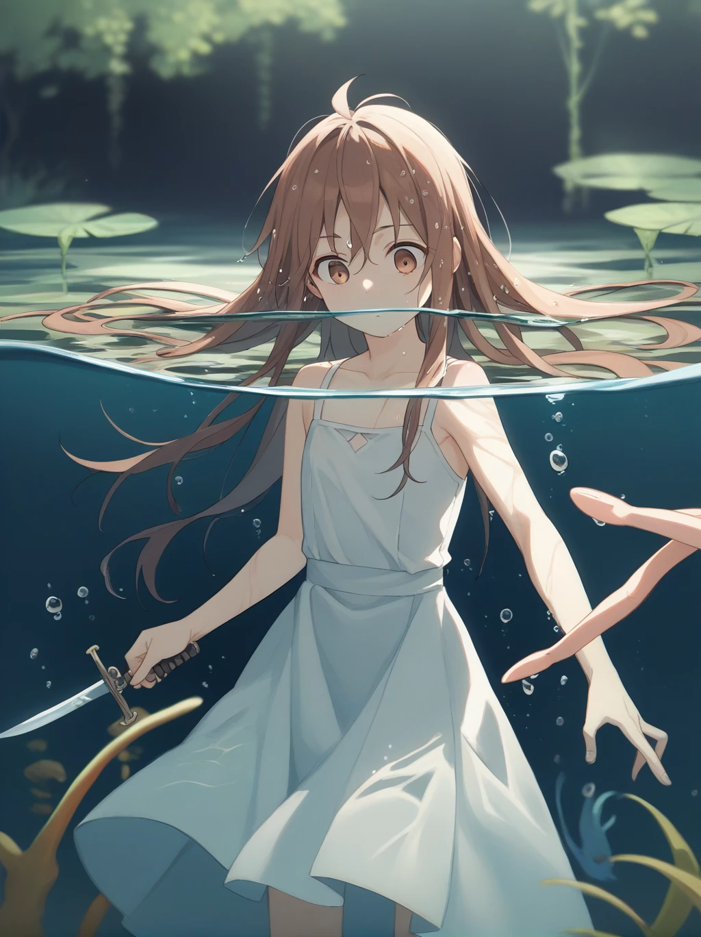  partially underwater, 
One Girl, Long Hair, Brown Hair, Wet Hair,
White Dress, Swamp,
Dark Background, Blurred Edges,8-year-old、Adventurer、Flat Chest、Pitch-dark underground labyrinth、No light、skirt、Equipped with a dagger and a shield、Above the neck above the water、Body in water, Underwater Photography、浮力でskirt捲れる