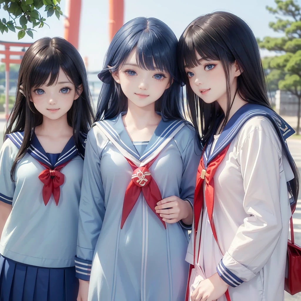 best quality, masterpiece, 

Three Japanese-high-school-girls, 

looking straight ahead and striking a gutsy pose are standing (separately:1.4), side by side, 

wearing  a short-sleeved Japanese-blue-high-school-sailor-suit,

(Japanese-blue-high-school-sailor-suit:1.7),

 Reddish bow tie, with a school bag, 

((too much smile)), very cute, face, head and waist fully visible, (soft eyes:1.2)

upper arms hidden by clothes and hair,(innocent and pure high-school-girls:1.7)

,(The image shows only the upper body:1.7)

 (only one well-shaped beautiful mount Fuji:1.2), (shrine:1.2), summer(season) ,(outdoors:1.5),