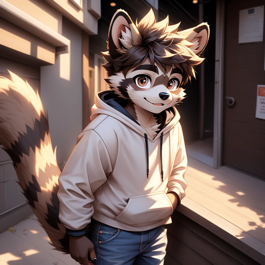 A common raccoon, furry, furry boy, 15 years old, common raccoon 17 years old, teenage furry shota, with brown eyes, brown eyes, furry boy common raccoon, cute hoodie, cute jeans, wearing a hoodie and jeans, tween, teenager, Teenager, 15 years old, Adult, youngster, hairy adult, coming of age, youngster, 20 years old, hairy adult, one , one person only, hairy alone