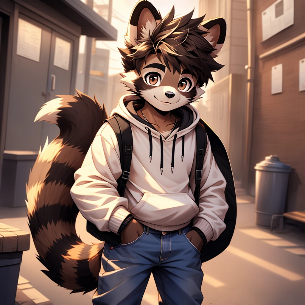 A common raccoon, furry, furry boy, 15 years old, common raccoon 17 years old, teenage furry shota, with brown eyes, brown eyes, furry boy common raccoon, cute hoodie, cute jeans, wearing a hoodie and jeans, tween, teenager, Teenager, 15 years old, Adult, youngster, hairy adult, coming of age, youngster, 20 years old, hairy adult, one , one person only, hairy alone