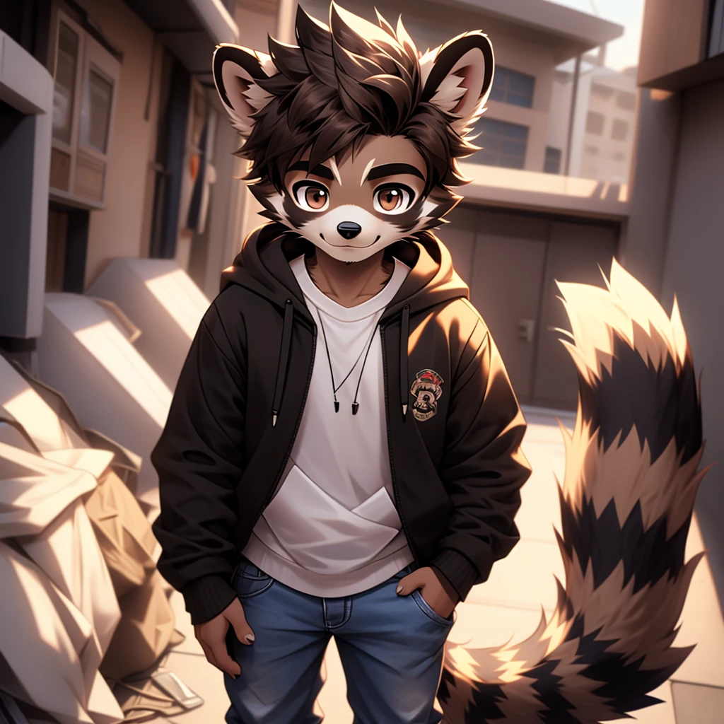 A common raccoon, furry, furry boy, 15 years old, common raccoon 17 years old, teenage furry shota, with brown eyes, brown eyes, furry boy common raccoon, cute hoodie, cute jeans, wearing a hoodie and jeans, tween, teenager, Teenager, 15 years old, Adult, youngster, hairy adult, coming of age, youngster, 20 years old, hairy adult, one , one person only, hairy alone