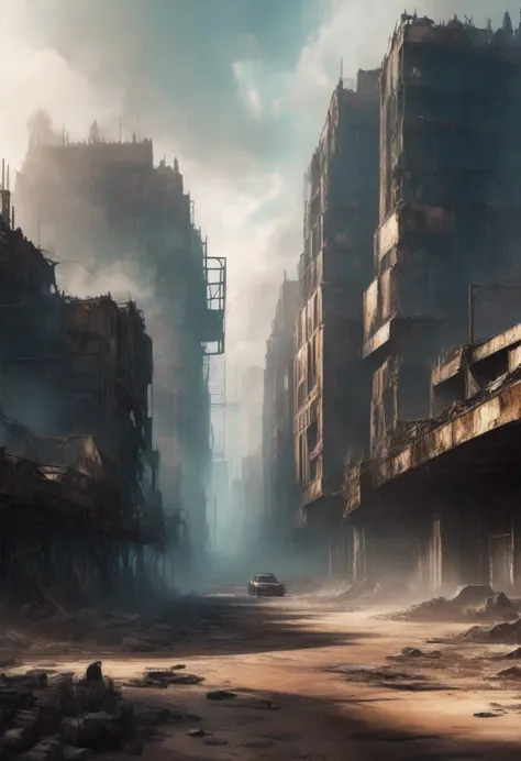 image taken underneath the buildings of a post-apocalyptic city, madmax style, you can see the buildings in ruins, the buildings...