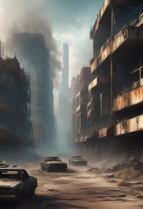 image taken underneath the buildings of a post-apocalyptic city, madmax style, you can see the buildings in ruins, the buildings...