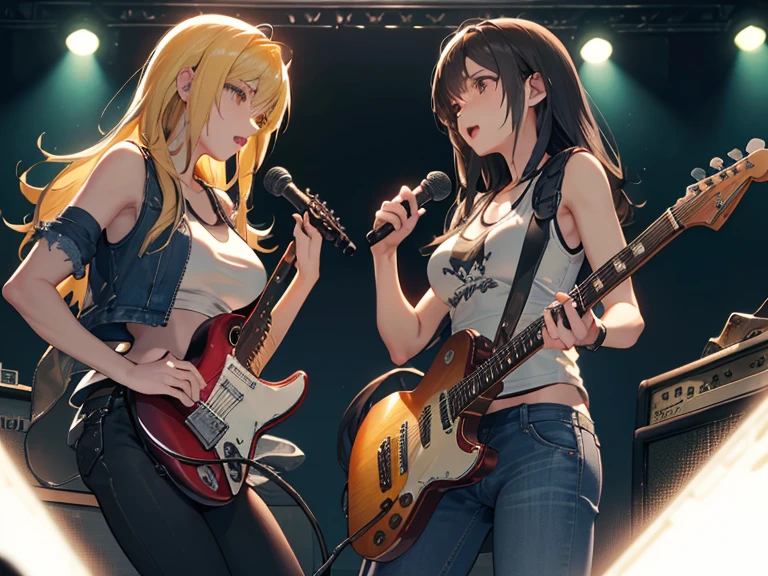 (Detailed face), Attention to detail, high quality, 最high quality, masterpiece, Ultra-realism, Detailed and vivid depiction, ((Two guitarists performing side by side at a live venue)), (Two female guitarists), Electric guitar, rock band, Colorful lights, enthusiasm, (Black Hair, Long Hair, Tank top, Leather pants), (blonde, short hair, Frayed denim jacket, T-Shirts)、Big Breasts