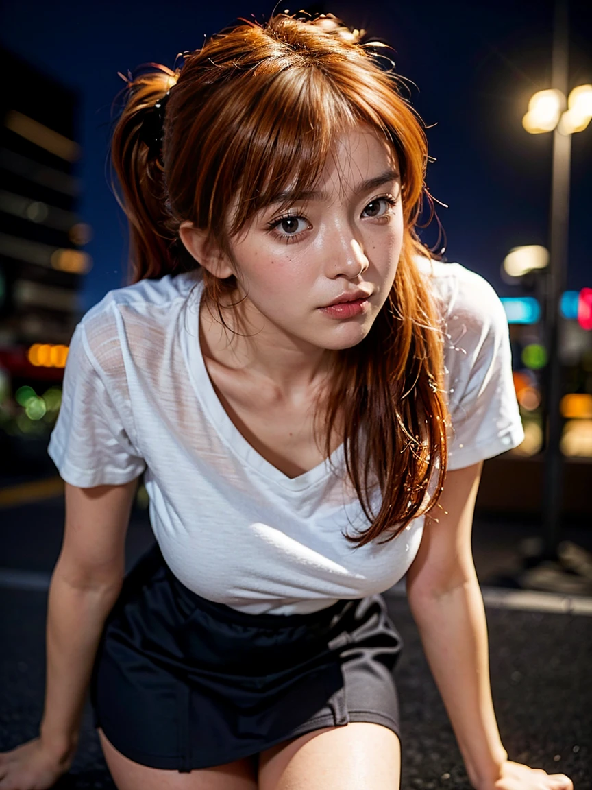 (1 lady), (Best quality at best:1.4), (ultra - detailed), (extremely detailed CG unified 16k), A Beautiful Woman with Perfect Figure: 1.4, Sharp Focus: 1.2, very detailed, High-definition RAW color photo, professional photoshooting, amazing face and eyes, cosmetics, (amazingly beautiful girl), ((asuka, fit body, big but not fat)), ((shirt, skirt)), standing, sexyposture，(Dark and stylish urban landscape, city lights, city lights:1.3), (look from down), realistic cinematic face, head to feet long wide zoomed out view, full body long view, photorealistic, ((realistic natural orange redhair style, blue eyes, long hair, double pony tail)), gorgeous, extremely beautiful face, perfect model beauty, pout mouth, Highly Detailed Face and Skin Texture, Detailed Eyes, Double Eyelids, Medium Breasts, Smile, cleavages, western, (masterpiece), best quality, high resolution, extremely detailed, blurred background, depth of field, cinematic lighting, amazing legs, high heels, clear and well-cared skin, (((woman occupies most of the picture)))