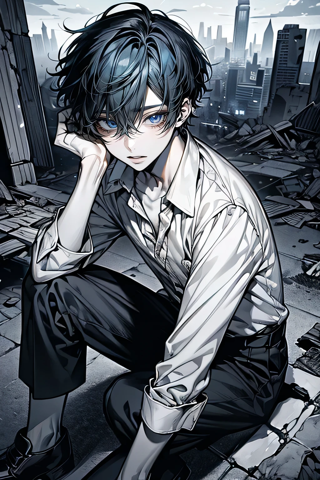 ((A ruined city full of rubble)),(After the war),((Vast landscape covered with rubble)),(A boy wearing a white shirt),((black hair)),(Lifeless eyes),((sit down，Place your knees on the ground on both sides)),((Look up at me)),(Mouth sLightly open),((blue eyes)),((monochrome world)),((Black,grey,Light)),)(View from directly above)),(Sharp eye Light),(((Adult male))),Face clarity，The white of the eye is distinct，Five fingers，juvenile，Chu Chu pitiful，short hair，blue hair accessories，blue tint，crystal