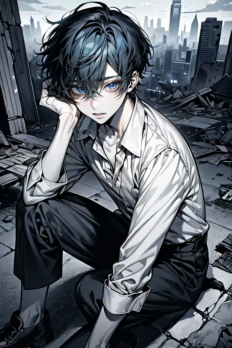 ((A ruined city full of rubble)),(After the war),((Vast landscape covered with rubble)),(A boy wearing a white shirt),((black ha...