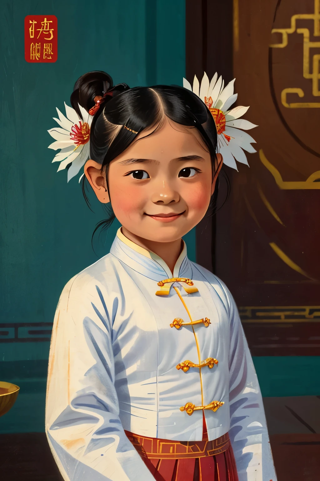 Puwei, China, 1830. A little ((((7-year-old)) SnowFlower)), girl, pale, beautiful, in a fair, ((smug smile)), ((((chinese clothings from the 1830s)))), ((hairstyle of the 1830s)), ((colorful))