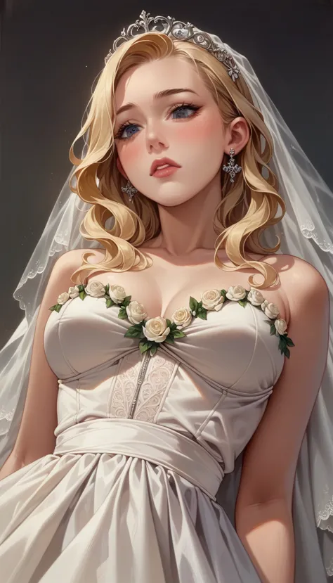 woman looking down (very muscular )(close up of a beautiful blonde bride lower angle )hyperrealistic art cinematic film still lo...