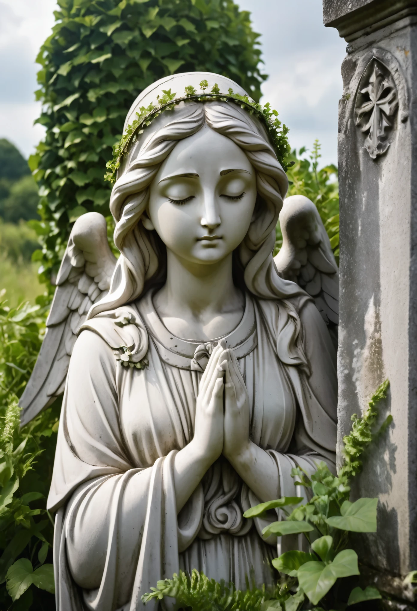 [angel statue on a postament:angel:0.2], praying woman stone statue, [hands closed in prayer], [(angelic wings), robe::0.2], [[overgrowth vegetation]:((overgrowth vegetation)):0.2], serene beautiful face, [overcast sky, god rays:(god rays):0.4], [deserted graveyard ruins, forsaken monastery, forged fence:broken gravestones, (crumbling ruins), (desolation):4], raw photo, Fujifilm XT3, Canon EOS R5, sharp focus, depth of field, [pale colors:ultra detailed, high contrast:0.4]