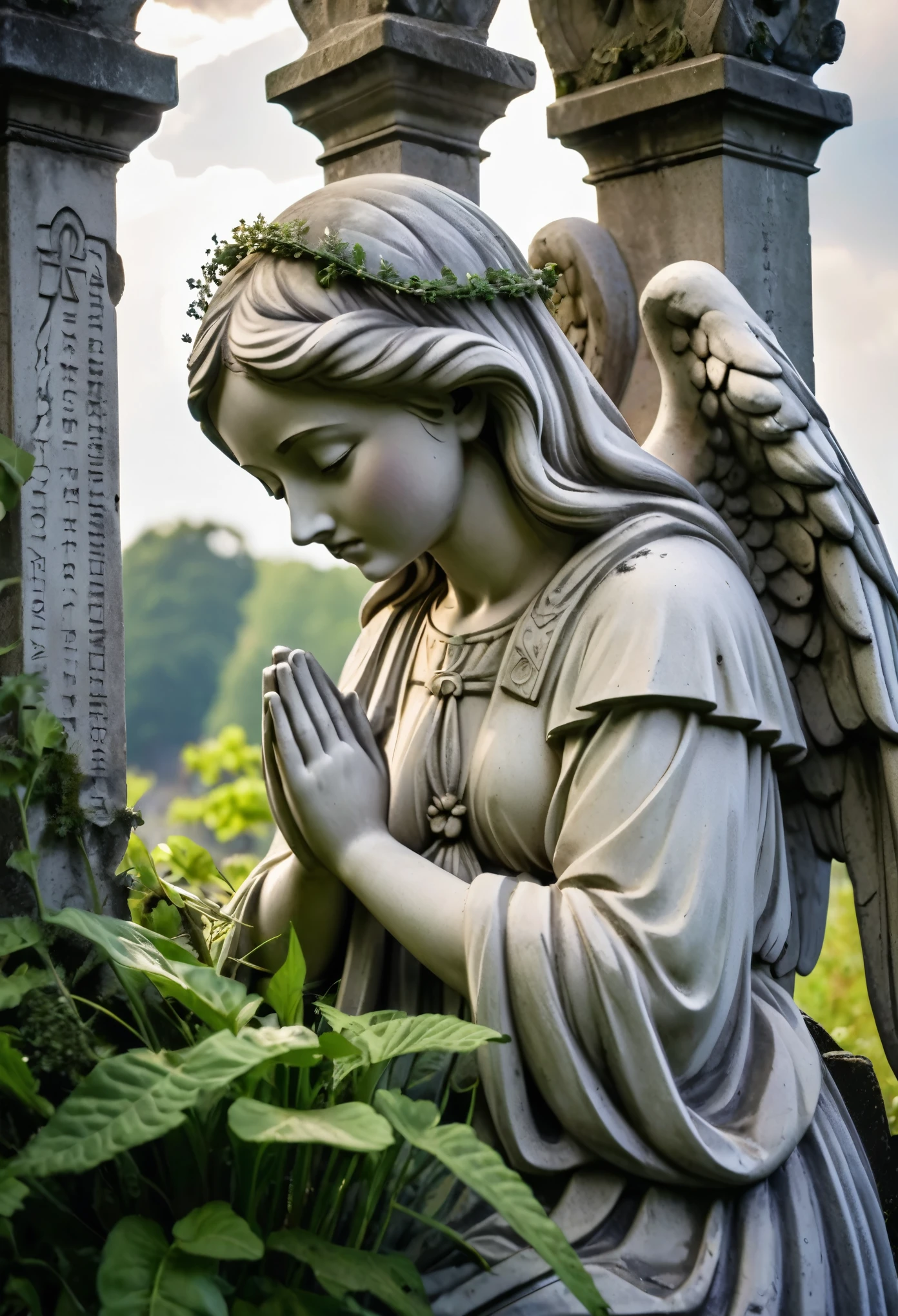 [angel statue on a postament:angel:0.2], praying woman stone statue, [hands closed in prayer], [(angelic wings), robe::0.2], [[overgrowth vegetation]:((overgrowth vegetation)):0.2], serene beautiful face, [overcast sky, god rays:(god rays):0.4], [deserted graveyard ruins, forsaken monastery, forged fence:broken gravestones, (crumbling ruins), (desolation):4], raw photo, Fujifilm XT3, Canon EOS R5, sharp focus, depth of field, [pale colors:ultra detailed, high contrast:0.4]