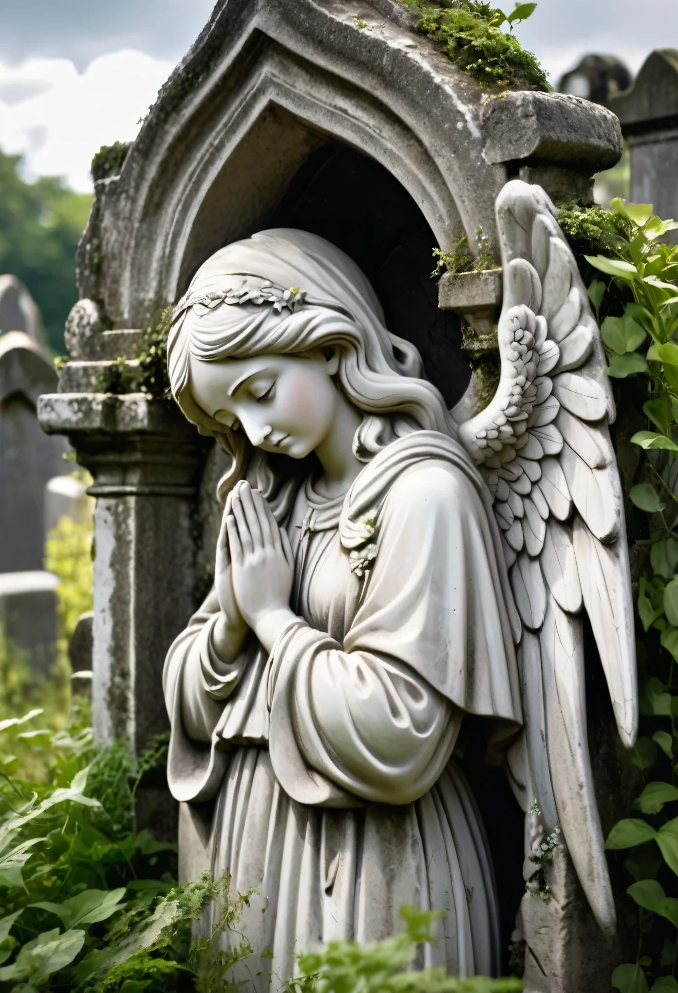 [angel statue on a postament:angel:0.2], praying woman stone statue, [hands closed in prayer], [(angelic wings), robe::0.2], [[overgrowth vegetation]:((overgrowth vegetation)):0.2], serene beautiful face, [overcast sky, god rays:(god rays):0.4], [deserted graveyard ruins, forsaken monastery, forged fence:broken gravestones, (crumbling ruins), (desolation):4], raw photo, Fujifilm XT3, Canon EOS R5, sharp focus, depth of field, [pale colors:ultra detailed, high contrast:0.4]