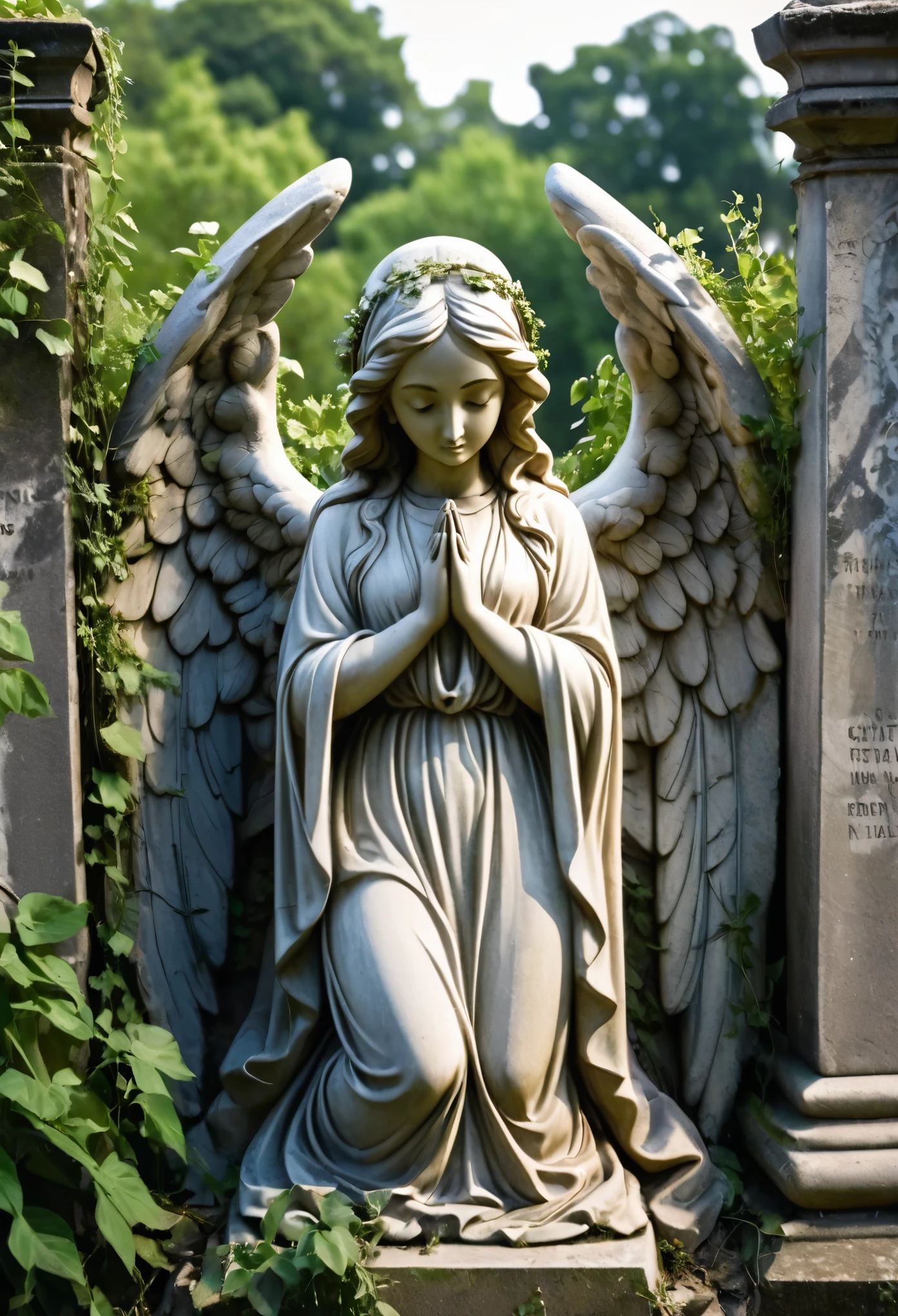 [angel statue on a postament:angel:0.2], praying woman stone statue, [hands closed in prayer], [(angelic wings), robe::0.2], [[overgrowth vegetation]:((overgrowth vegetation)):0.2], serene beautiful face, [overcast sky, god rays:(god rays):0.4], [deserted graveyard ruins, forsaken monastery, forged fence:broken gravestones, (crumbling ruins), (desolation):4], raw photo, Fujifilm XT3, Canon EOS R5, sharp focus, depth of field, [pale colors:ultra detailed, high contrast:0.4]