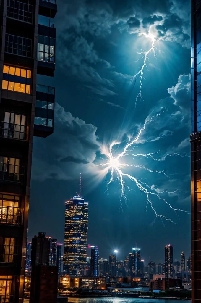 1 Ball lightning, quarter screen size, flies into the window of a high-rise building, behind the night city illuminated by neon colored lamps, There must be a night sky and a bright full moon, and reflections of all the above light from the glass of houses, light drizzle.