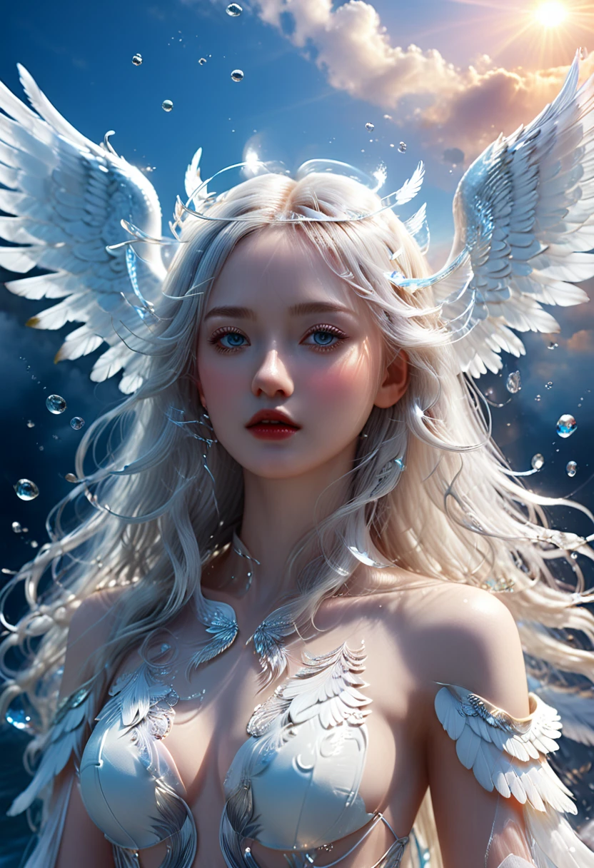 (half Body Image: 2.0),Beautiful young angel with long white hair and wearing a sheer white robe,(Large angelic wings spread: 1.7),Angel with porcelain-like ethereal skin, floating in the air, shot from below emerging from the clouds with a stunning sunset sky in the background,(Highest Quality, 4k, 8k, High Resolution, Masterpiece: 1.2),Ultra Detailed,(Realistic, Photorealistic, Photorealistic: 1.37),Detailed face, Detailed eyes, Detailed lips, Highly detailed facial features, Porcelain skin, Dramatic lighting, Dramatic sky, Cinematic, Fantasy, Digital art, Exquisite details, Graceful, Heavenly, ice and water,ice,water,water ring