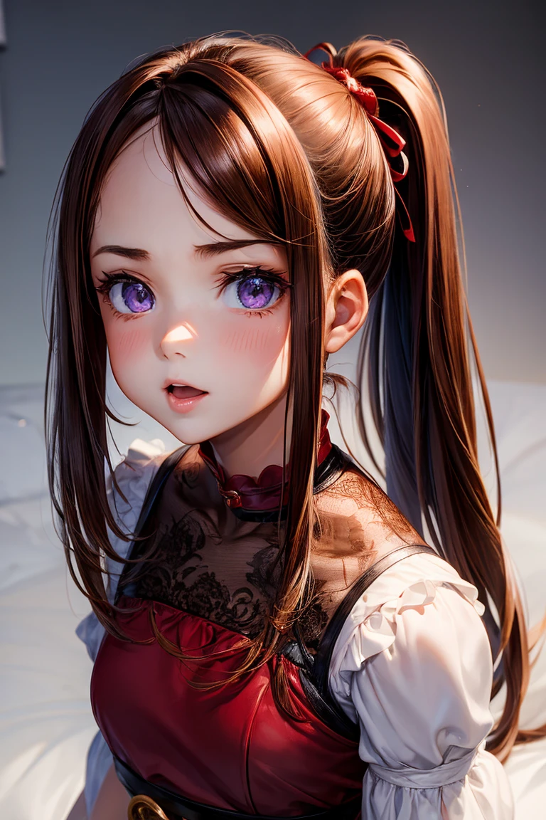 (1 Girl), masterpiece, best quality, Super beautiful illustrations, Very cute little girl, Very detailed beautiful face, Looking at the audience, 1 Girl, belt, close up, Looking at the audience, 4K, high resolution, Ribbon, Wild Misunderstanding, blush, Throw, Double ponytail hairstyle, White background, Simple background, Thick outline, Purple Eyes, (sleep), Brown hair, Red Cliff, Expression of love,  ((Brown hair)), (Blood),