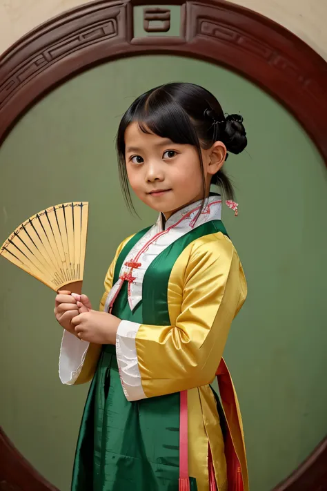 puwei, china, 1830. a little ((((7-year-old)) whitelily)), girl, with a ((fan)), ((((chinese clothings from the 1830s)))), ((sho...