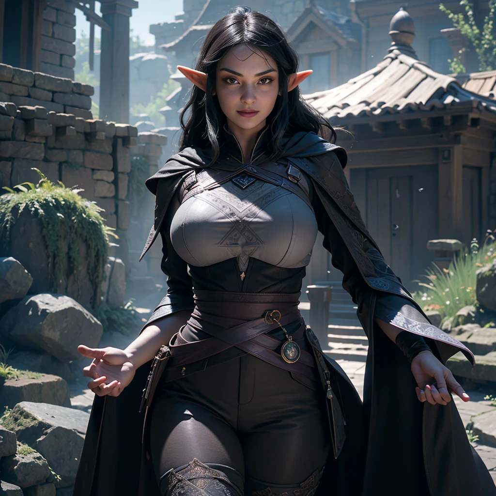 ((Best quality)), ((masterpiece)), (detailed: 1.4), 3D, (half-elf sorceress), (black hair, purple eyes:1.5, pale brown skin), (black robe, purple sleeves, grey pants, black boots and black armbands), (huge , big booty, short, curvy), (heavy gothic makeup), HDR (High Dynamic Range),Ray Tracing,NVIDIA RTX,Super-Resolution,Unreal 5,Subsurface dispersion, PBR texture, Post-processing, Anisotropic filtering, Depth of field, Maximum clarity and sharpness, Multilayer textures, Albedo and specular maps, Surface shading, Accurate simulation of light-material interaction, Perfect proportions, Octane Render, Two-tone lighting,Wide aperture,Low ISO,White balance,Rule of thirds,8K RAW,