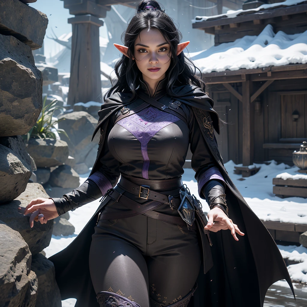 ((Best quality)), ((masterpiece)), (detailed: 1.4), 3D, (half-elf sorceress), (black hair, purple eyes:1.5, pale brown skin), (black robe, purple sleeves, grey pants, black boots and black armbands), (huge , big booty, short, curvy), (heavy gothic makeup), HDR (High Dynamic Range),Ray Tracing,NVIDIA RTX,Super-Resolution,Unreal 5,Subsurface dispersion, PBR texture, Post-processing, Anisotropic filtering, Depth of field, Maximum clarity and sharpness, Multilayer textures, Albedo and specular maps, Surface shading, Accurate simulation of light-material interaction, Perfect proportions, Octane Render, Two-tone lighting,Wide aperture,Low ISO,White balance,Rule of thirds,8K RAW,