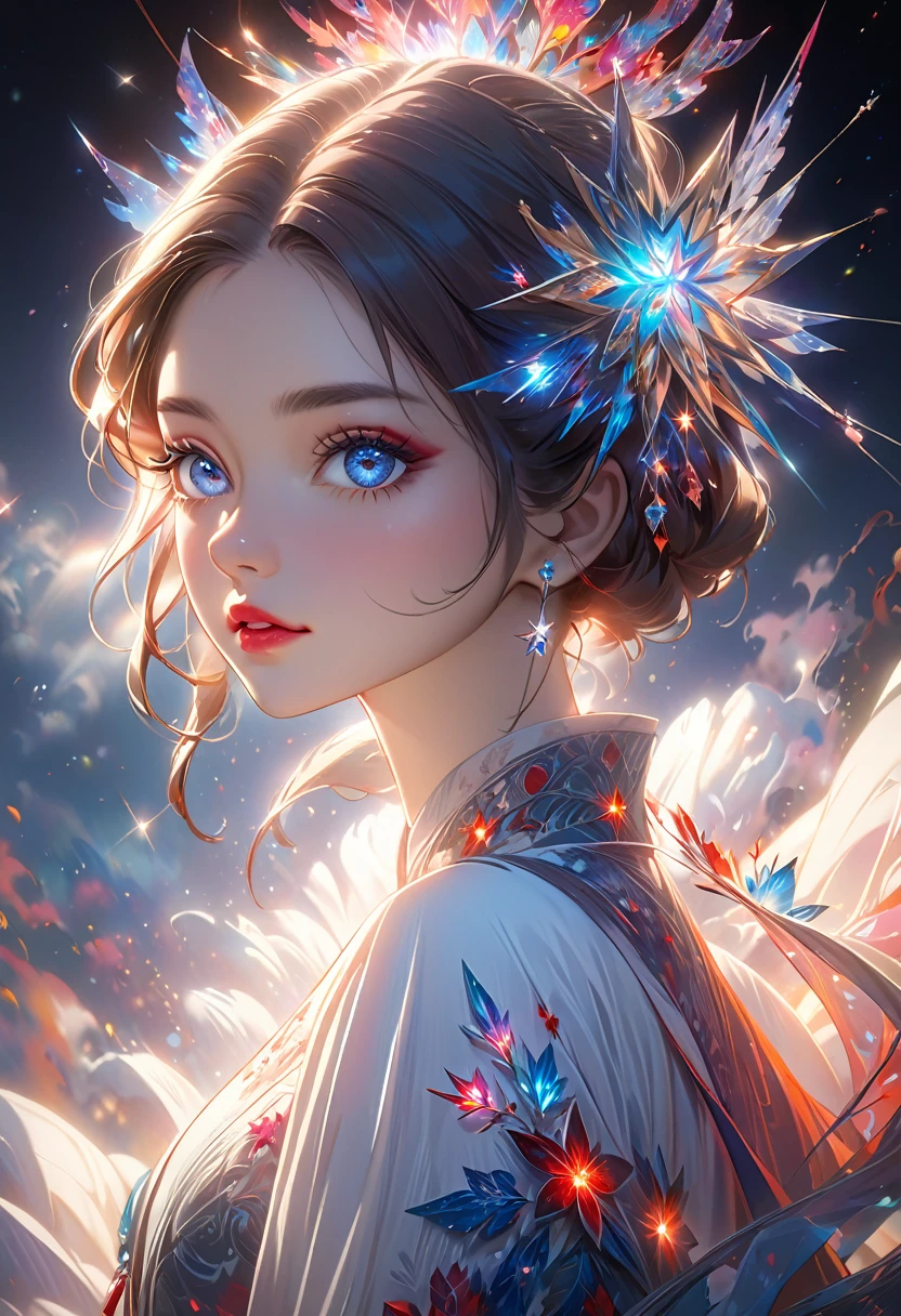 a beautiful girl, extremely detailed, highly detailed, intricate fractal art, 1girl, beautiful stars eyes, beautiful detailed lips, extremely detailed eyes and face, long eyelashes, Elegant Pose, cinematic lighting, Volumetric fog, dramatic colors, vibrant and vivid, photorealistic, 8K, best quality, masterpiece, official artwork, beautiful and aesthetic，Half-length portrait