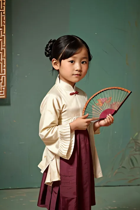 puwei, china, 1830. a little ((((7-year-old)) whitelily)), girl, with a ((fan)), ((((chinese clothings from the 1830s)))), ((sho...