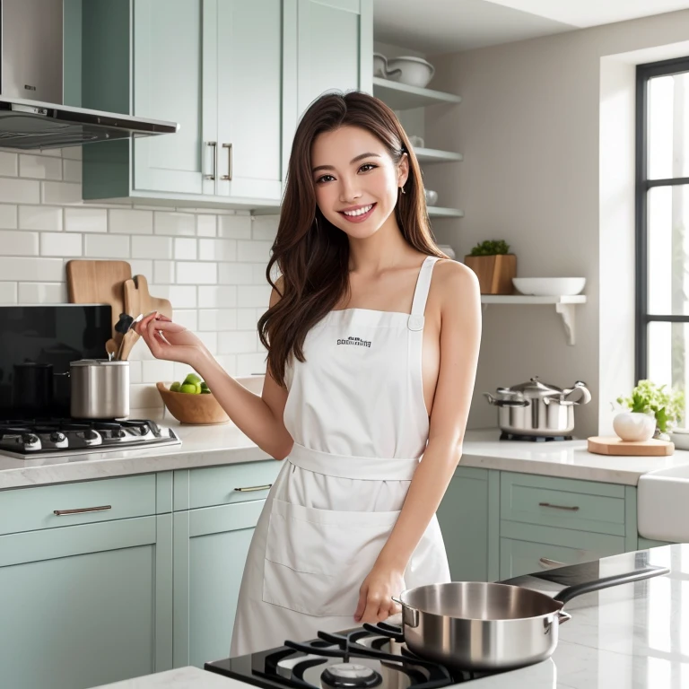 (Tabletop、Highest quality、8K、Award-winning works、Ultra-high resolution)、One beautiful woman、(Wearing the most natural and perfect apron:1.1)、(Naked Apron:1.2)、(Look at me with your best smile:1.1)、(Show off your beautiful teeth and get the best smile possible:1.1)、Large Breasts、The chest is slightly open、perfect beautiful teeth、Accentuate your body lines、(Bust up photo:1.1)、(Upper body photo:1.2)、Big Breasts、(The most natural and practical kitchen:1.1)、(Perfectly organized and clean kitchen:1.1)、(Modern and elegant kitchen:1.1)、(Perfect kitchen with state-of-the-art induction cooktop:1.1)、(Beautiful and unified modern kitchen:1.1)、(Very bright:1.2)、(Super bright and radiant skin:1.1)、that&#39;Very vivid、The most vivid、High chroma、Glowing Beautiful Skin、Fresh and beautiful, perfect windows、Ultra-high resolutionのperfect beautiful teeth、(Ultra HD glossy skin:1.1)、(Very brightly lit、明るい and glowing skin:1.2)、Ultra-high definition sparkling eyes、(Accurate anatomy:1.1)、(The most graceful and perfect posture:1.1)