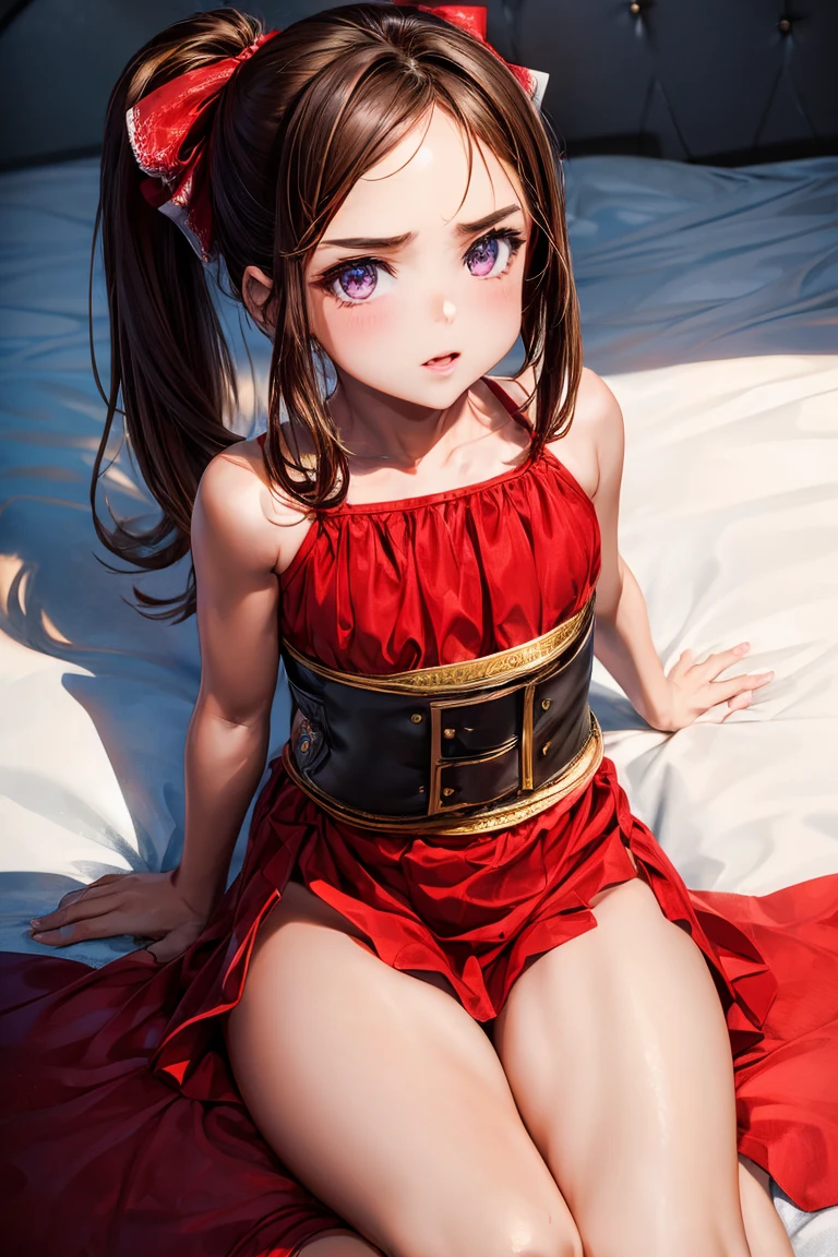 (1 Girl), masterpiece, best quality, Super beautiful illustrations, Very cute , Very detailed beautiful face, Looking at the audience, 1 Girl, belt, close up, Looking at the audience, 4K, high resolution, Ribbon, Wild Misunderstanding, blush, Throw, Double ponytail hairstyle, White background, Simple background, Thick outline, Purple Eyes, (sleep), Brown hair, Red Cliff, Expression of love,  ((Brown hair)), (Blood),