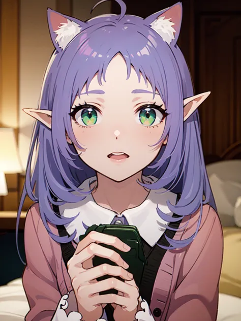 ((best quality)), ((masterpiece)), (detailed), perfect face. Asian girl. Light purple hair. Long hair. Elf. Green eyes.Cat ears