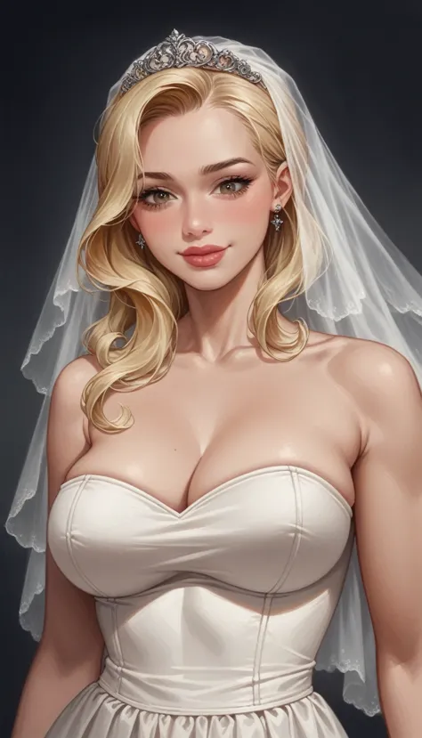 woman looking down (very muscular large breasts)(close up of a beautiful blonde bride lower angle )hyperrealistic art cinematic ...