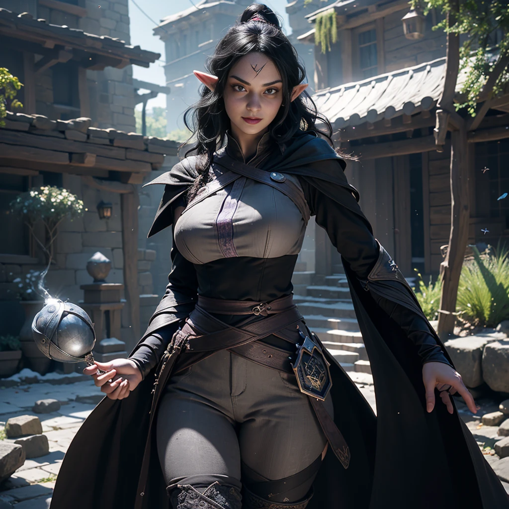 ((Best quality)), ((masterpiece)), (detailed: 1.4), 3D, (half-elf sorceress), (black hair, purple eyes:1.5, pale brown skin), (black robe, purple sleeves, grey pants, black boots and black armbands), (huge , big booty, short, curvy), (heavy gothic makeup), HDR (High Dynamic Range),Ray Tracing,NVIDIA RTX,Super-Resolution,Unreal 5,Subsurface dispersion, PBR texture, Post-processing, Anisotropic filtering, Depth of field, Maximum clarity and sharpness, Multilayer textures, Albedo and specular maps, Surface shading, Accurate simulation of light-material interaction, Perfect proportions, Octane Render, Two-tone lighting,Wide aperture,Low ISO,White balance,Rule of thirds,8K RAW,