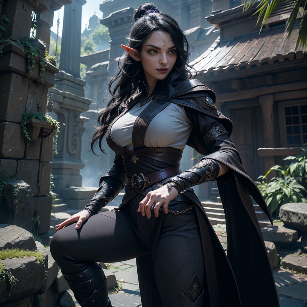 ((Best quality)), ((masterpiece)), (detailed: 1.4), 3D, (half-elf sorceress), (black hair, purple eyes:1.5, pale brown skin), (black robe, purple sleeves, grey pants, black boots and black armbands), (huge , big booty, short, curvy), (heavy gothic makeup), HDR (High Dynamic Range),Ray Tracing,NVIDIA RTX,Super-Resolution,Unreal 5,Subsurface dispersion, PBR texture, Post-processing, Anisotropic filtering, Depth of field, Maximum clarity and sharpness, Multilayer textures, Albedo and specular maps, Surface shading, Accurate simulation of light-material interaction, Perfect proportions, Octane Render, Two-tone lighting,Wide aperture,Low ISO,White balance,Rule of thirds,8K RAW,