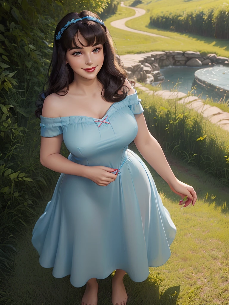 (((1 girl))) DisneyAurora, 27 years old, full body view Beautiful woman (((shoulder length wavy brunette hair, two side up with bangs))) defined body, voluptuous, sexy, Red lipstick, hands free, (((mouth slightly open, smiling))) (((standing facing camera))) ((( short sleeve, pale blue nightgown ))), in a sunlit grassy field (large_breasts:1.2) (curvy:1.1)(chubby:0.9)