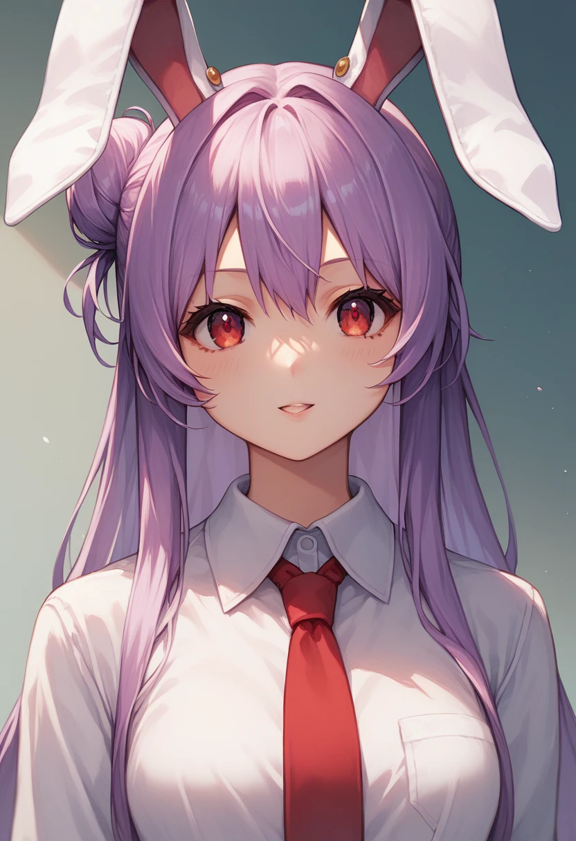 score_9, score_8_up, score_8, score_9, 1 girl,  source_anime,  reisen udongein inaba, purple hair, red eyes, rabbit ears, rabbit girl, long hair, portrait, white shirt, red necktie, bun hairstyle