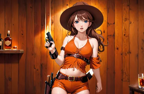 (((1 person:2.0))),(((nsfw:1.5))),(((wearing a bikini:1.5))),(((brown swimsuit:1.5)))(((wearing a gun belt with a holster:1.8)))...