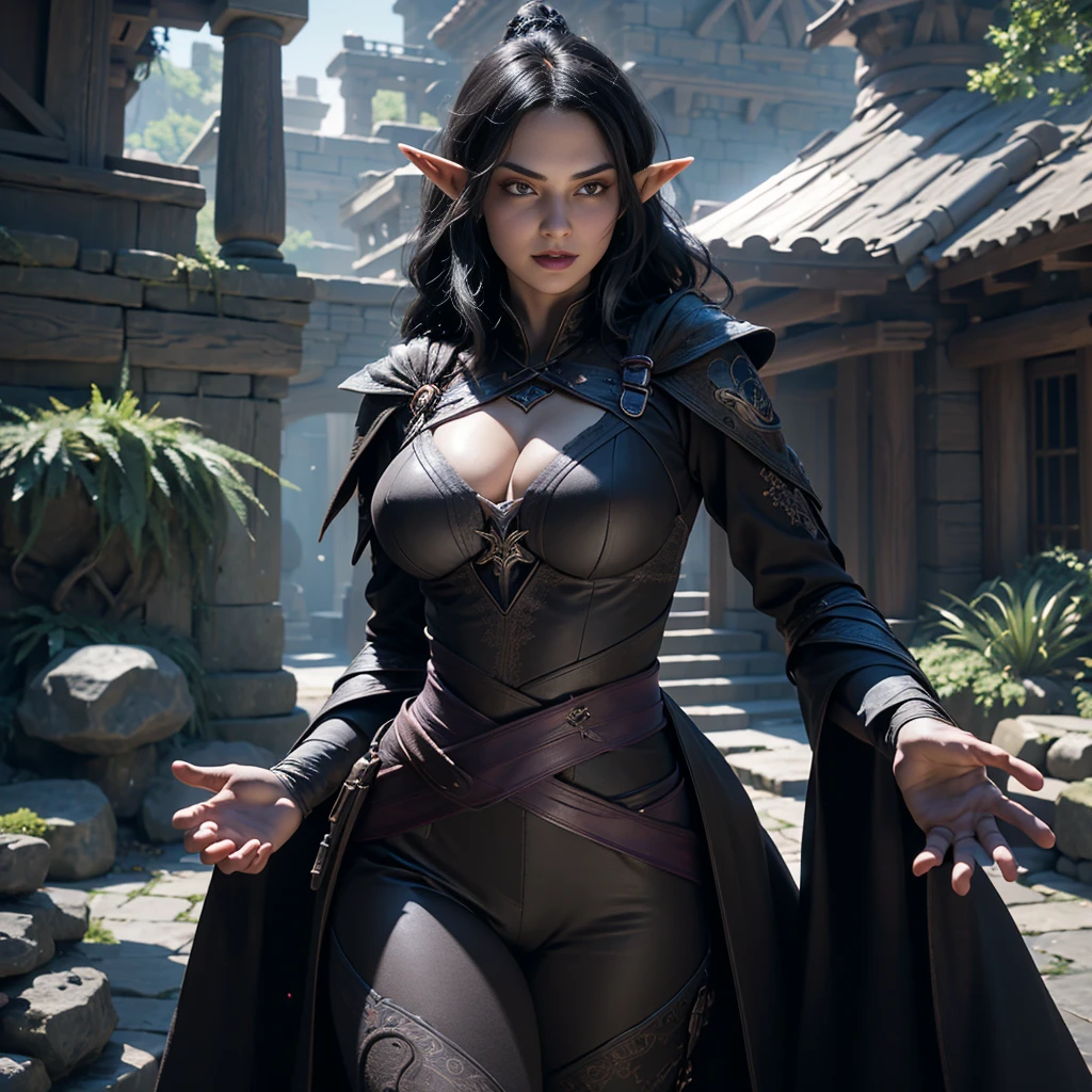 ((Best quality)), ((masterpiece)), (detailed: 1.4), 3D, (half-elf sorceress), (black hair, purple eyes:1.5, pale brown skin), (black robe, purple sleeves, grey pants, black boots and black armbands), (huge , big booty, short, curvy), (heavy gothic makeup), HDR (High Dynamic Range),Ray Tracing,NVIDIA RTX,Super-Resolution,Unreal 5,Subsurface dispersion, PBR texture, Post-processing, Anisotropic filtering, Depth of field, Maximum clarity and sharpness, Multilayer textures, Albedo and specular maps, Surface shading, Accurate simulation of light-material interaction, Perfect proportions, Octane Render, Two-tone lighting,Wide aperture,Low ISO,White balance,Rule of thirds,8K RAW,