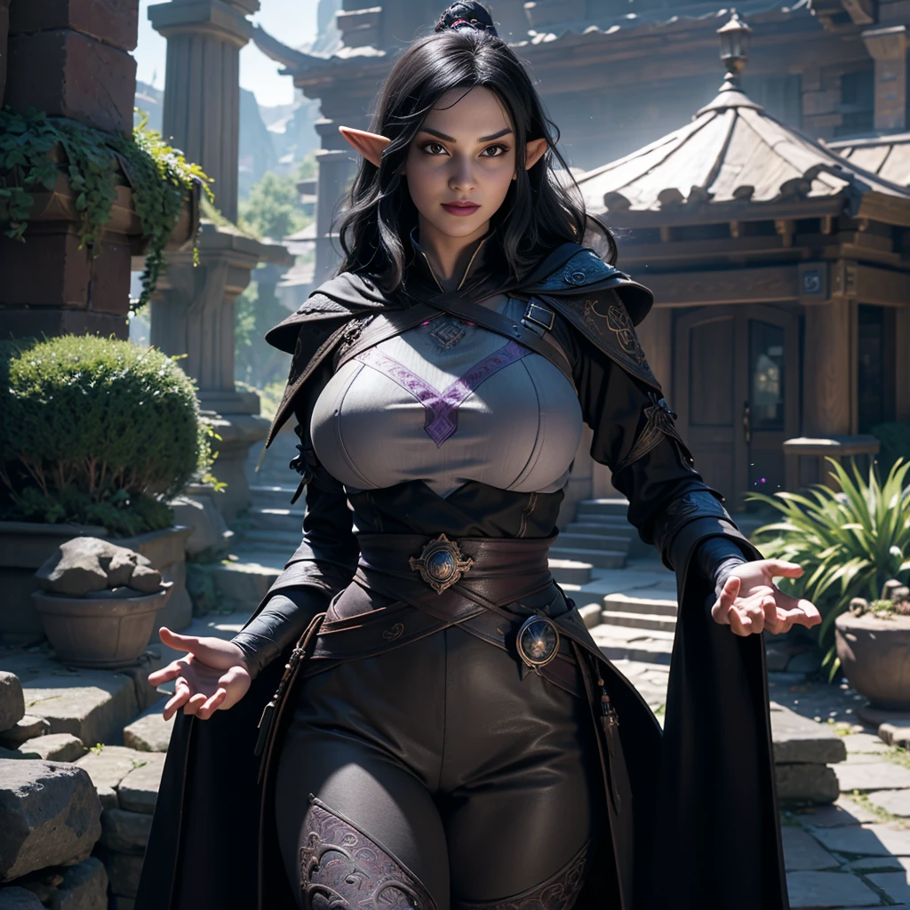 ((Best quality)), ((masterpiece)), (detailed: 1.4), 3D, (half-elf sorceress), (black hair, purple eyes:1.5, pale brown skin), (black robe, purple sleeves, grey pants, black boots and black armbands), (huge , big booty, short, curvy), (heavy gothic makeup), HDR (High Dynamic Range),Ray Tracing,NVIDIA RTX,Super-Resolution,Unreal 5,Subsurface dispersion, PBR texture, Post-processing, Anisotropic filtering, Depth of field, Maximum clarity and sharpness, Multilayer textures, Albedo and specular maps, Surface shading, Accurate simulation of light-material interaction, Perfect proportions, Octane Render, Two-tone lighting,Wide aperture,Low ISO,White balance,Rule of thirds,8K RAW,