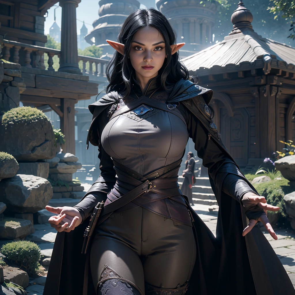 ((Best quality)), ((masterpiece)), (detailed: 1.4), 3D, (half-elf sorceress), (black hair, purple eyes:1.5, pale brown skin), (black robe, purple sleeves, grey pants, black boots and black armbands), (huge , big booty, short, curvy), (heavy gothic makeup), HDR (High Dynamic Range),Ray Tracing,NVIDIA RTX,Super-Resolution,Unreal 5,Subsurface dispersion, PBR texture, Post-processing, Anisotropic filtering, Depth of field, Maximum clarity and sharpness, Multilayer textures, Albedo and specular maps, Surface shading, Accurate simulation of light-material interaction, Perfect proportions, Octane Render, Two-tone lighting,Wide aperture,Low ISO,White balance,Rule of thirds,8K RAW,