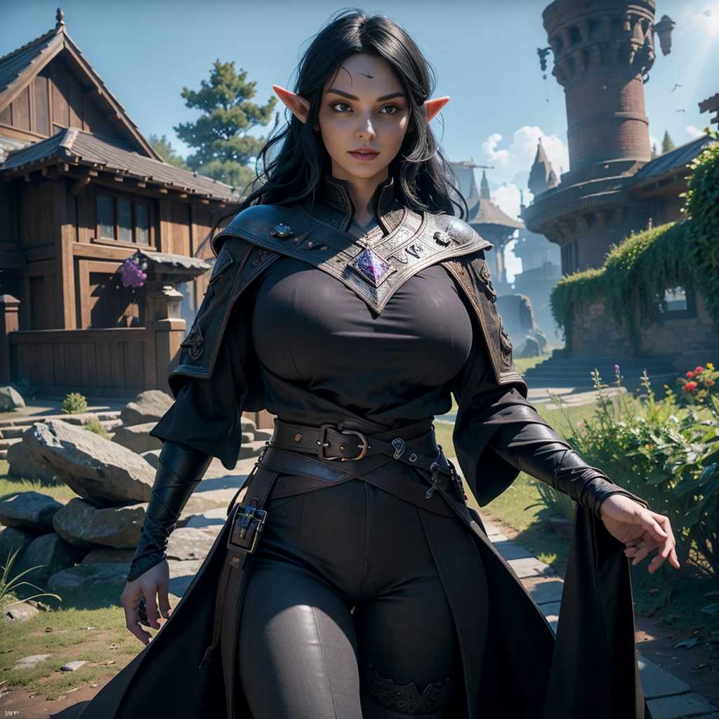 ((Best quality)), ((masterpiece)), (detailed: 1.4), 3D, (half-elf sorceress), (black hair, purple eyes:1.5, pale brown skin), (black robe, purple sleeves, grey pants, black boots and black armbands), (huge , big booty, short, curvy), (heavy gothic makeup), HDR (High Dynamic Range),Ray Tracing,NVIDIA RTX,Super-Resolution,Unreal 5,Subsurface dispersion, PBR texture, Post-processing, Anisotropic filtering, Depth of field, Maximum clarity and sharpness, Multilayer textures, Albedo and specular maps, Surface shading, Accurate simulation of light-material interaction, Perfect proportions, Octane Render, Two-tone lighting,Wide aperture,Low ISO,White balance,Rule of thirds,8K RAW,